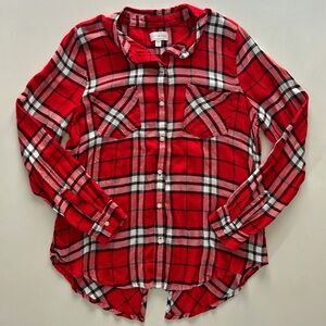 Lucky Brand Red Plaid Button Down Shirt High-Low Slit Back Size M Spring Top